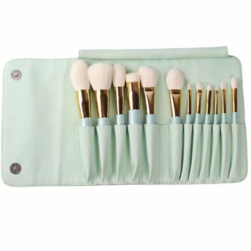 Wholesale beauty accessories wool makeup brush set with wooden handle 12 pieces