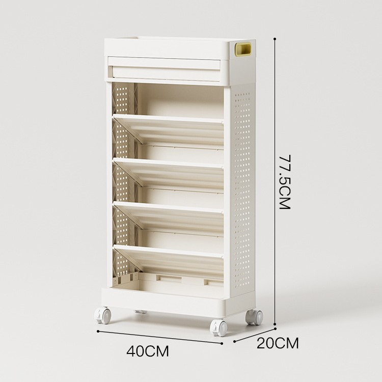 Side bookshelf with 5 shelves, movable frame, drawers, and wheels.
