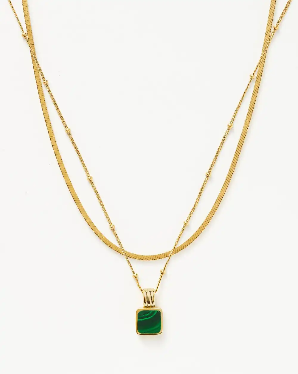 18k Gold Delicate Statement Gemstone Two Gold Chains And Glossy Green Black Onyx Gem Longer Layered Malachite Necklace Set