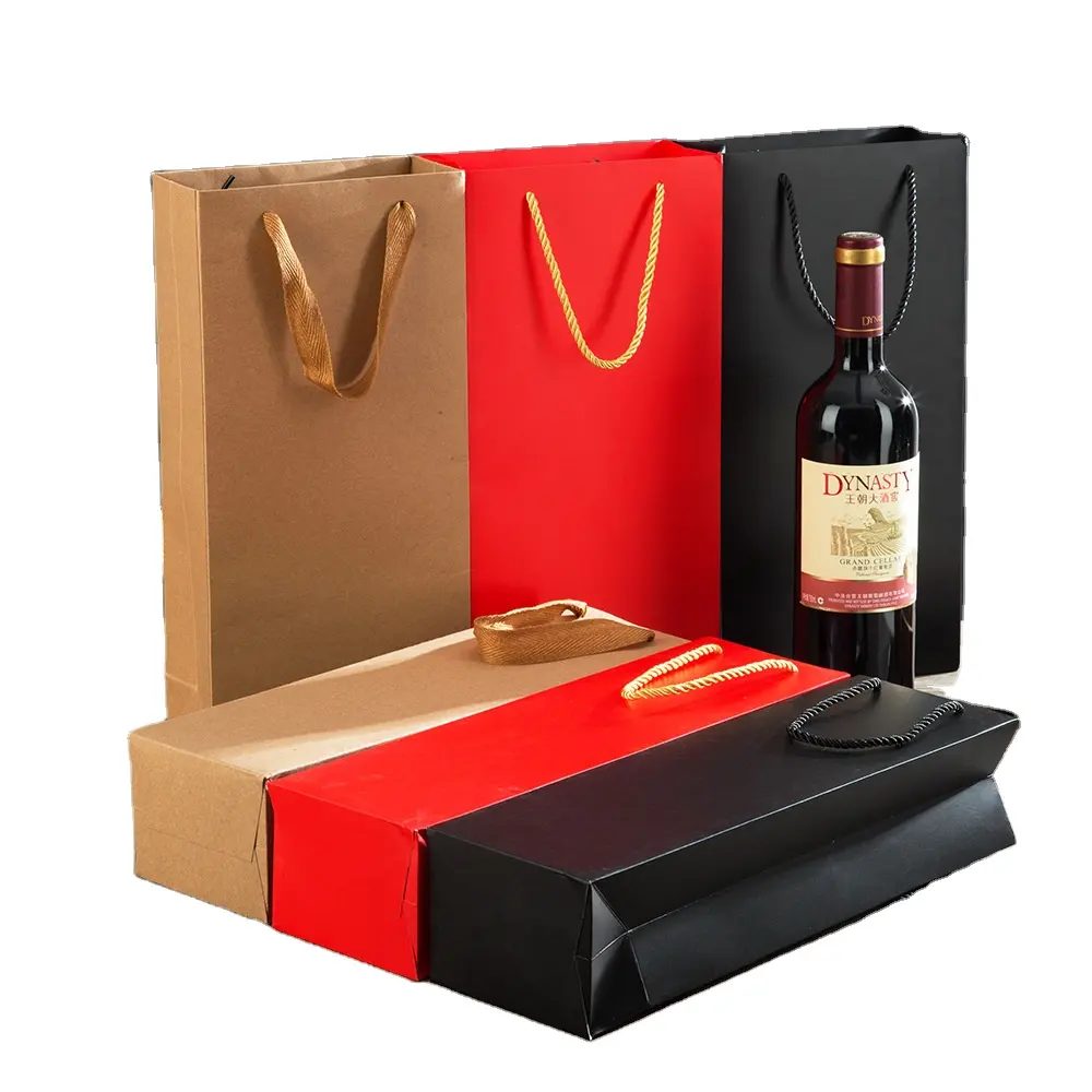 Bolsas de papel Kraft con logotipo de impresión personalizada, respetuosas con el medio ambiente, color negro, 2 botellas de vino, asas de cuerda de algodón, venta al por mayor