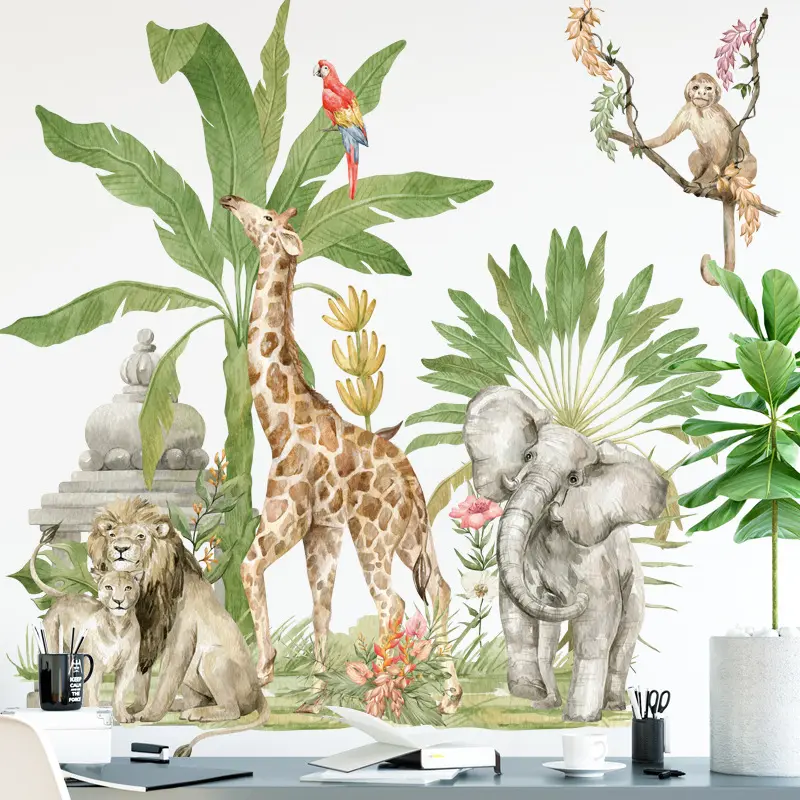 Afrika Tiere Giraffe Elefant Löwe Tropische Pflanzen Wanda uf kleber für Wohnzimmer Kinderzimmer Home Dekorative Wandt attoo