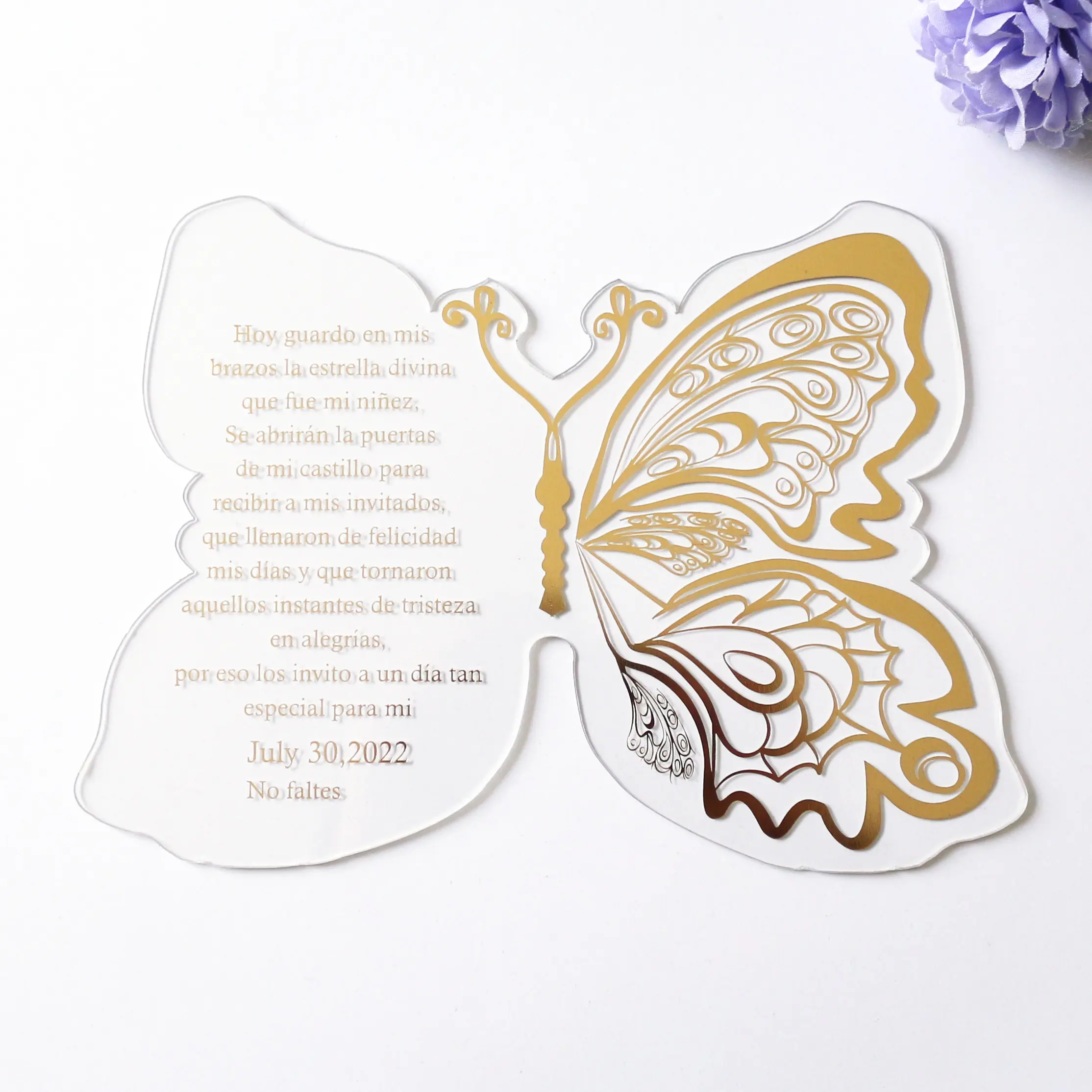 Tarjeta de cumpleaños con forma de mariposa única, tarjeta de invitación de luna llena, transparente, acrílica, de un solo lado, bronce