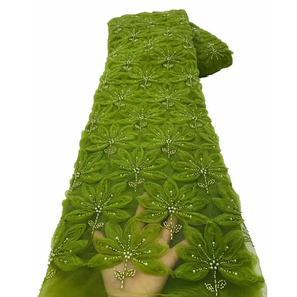 Haute qualité beau vert nigérian dentelle tissu français broderie 3D sequin dentelle tissu avec des perles pour robe de mariée