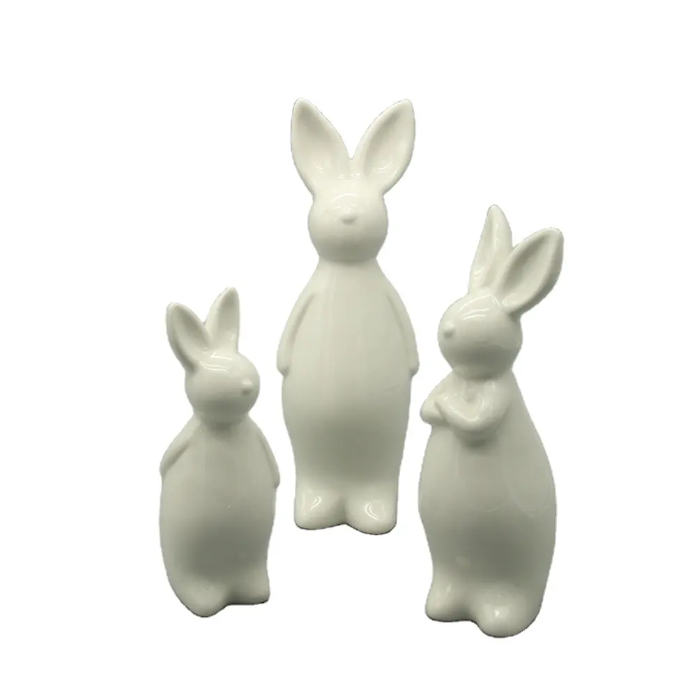 White Glazed Easter Bunny Ceramic Rabbit Statues Garden Decoration Animal Statue