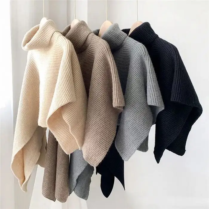 M999-Knitted sweater turtleneck crop sweater women cape style poncho sweater