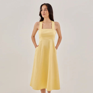 Mới Đến Tính Khí Đơn Giản Giản Giản Dị Cotton Phụ Nữ Không Tay Spaghetti Dây Đeo Chéo Midi Dress - Product Image 1