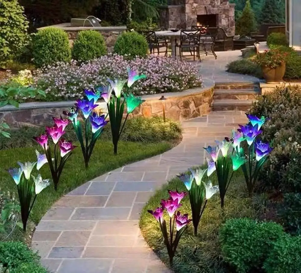 Luzes solares para jardim ao ar livre com 16 flores de lírio solares maiores, pacote com 4 luzes de decoração de jardim multicoloridas