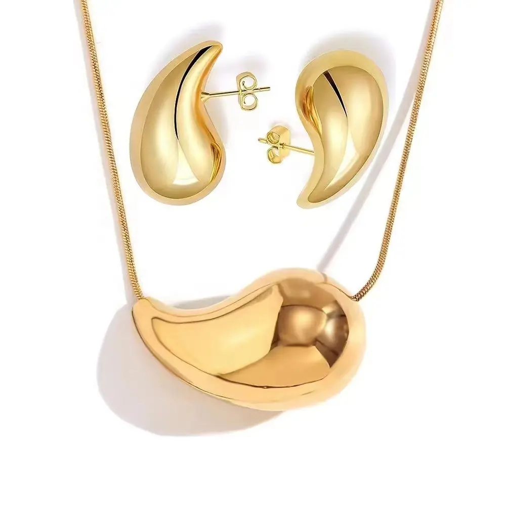 Pendiente de gota de agua de alto pulido 18K PVD oro plateado Acero inoxidable superficie grande collar de lágrima conjuntos de joyería para mujeres