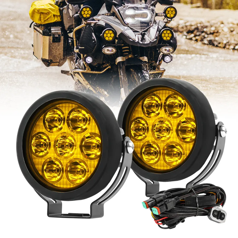 Motorcycle Lighting Systeam Accessories 60W Round Dual Color Spot Fog GR Motorcycle Auxiliary Driving Spotlight with Harness