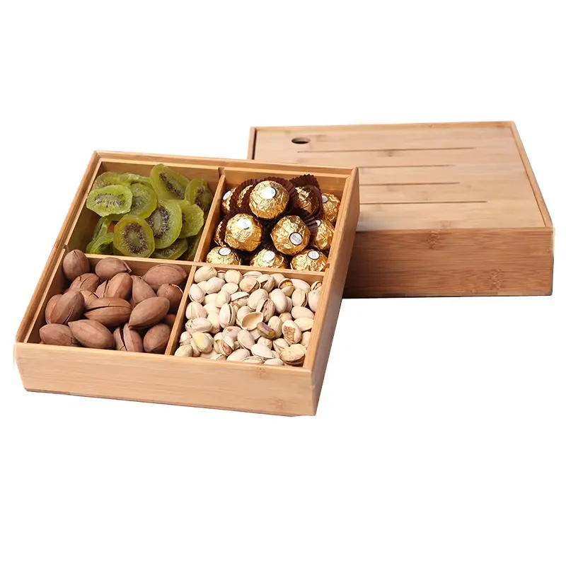 Tre vuông kẹo hạt phục vụ khay với Ngăn Gỗ đồ ăn nhẹ lưu trữ Khay hộp