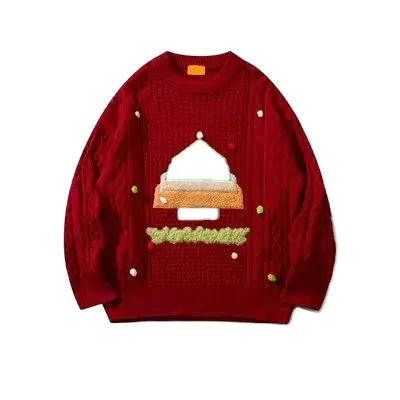 Nuevo diseño al por mayor flocado pareja suéter hombres invierno prendas de vestir rojo manga larga Navidad algodón Cable tejido suéter