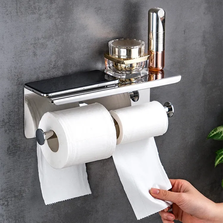 Venda quente 304 Aço Inoxidável Toilet Paper Holder Wall Mounted Banheiro Paper Holder com Prateleira de Armazenamento Do Telefone Móvel e Gancho