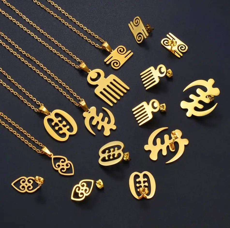 จี้ adinkra ชุบทอง18K พรีเมี่ยมสำหรับสร้อยคอ316L สแตนเลสสตีลสร้อยคอ NE tekrema เครื่องประดับ gye nyame