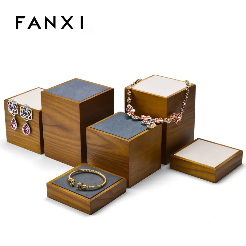 FANXI, juego de exhibición de joyería de cubo de madera personalizado de fábrica, organizador de mostrador de joyería, exhibición de anillo de brazalete de pendiente de microfibra