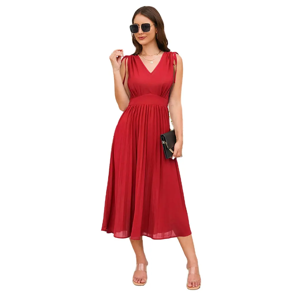 women's new sleeveless slim pleated dress sexy V-neck European and American ladies dresses source factory direct export
