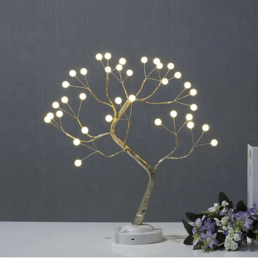 Pohon Natal dengan lampu, ornamen pohon Natal Mini dengan 36 lampu Led putih hangat dekorasi meja USB 2023