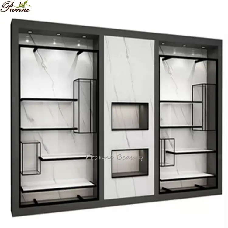 Elegante design moderno boutique parede display stand auto ouro madeira armazenamento armário atacado