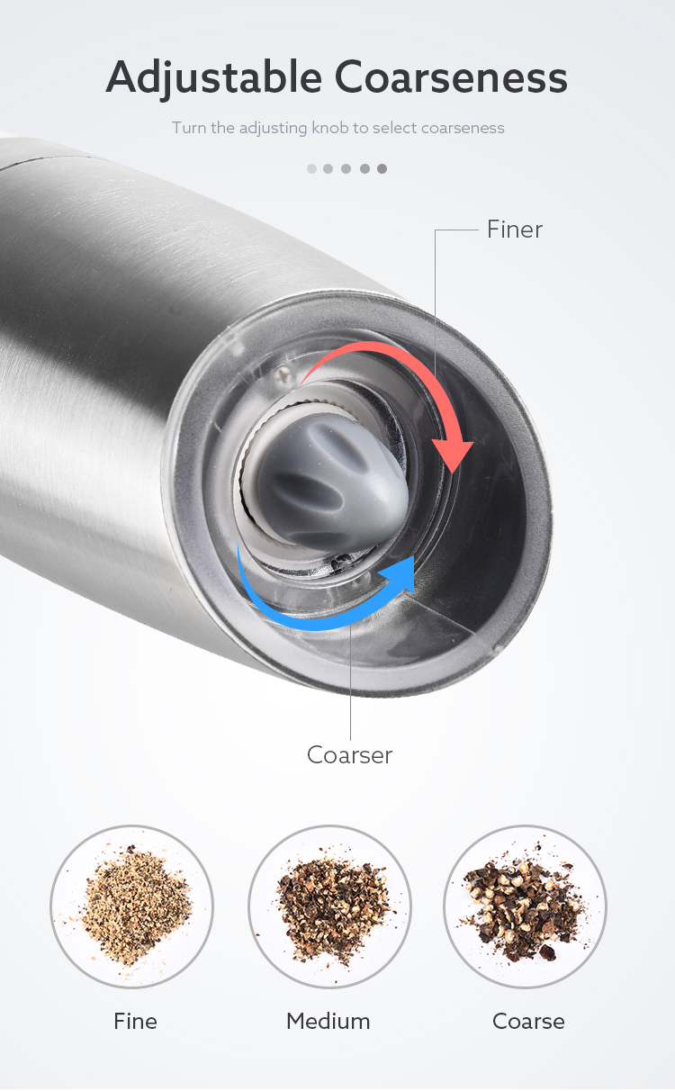 high quality portable customized stainless steel gravity salt grinder  pepper mill with LED light