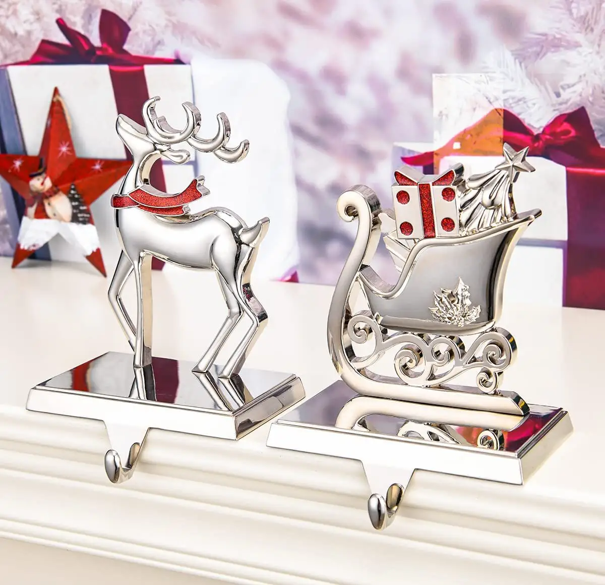 Fiocco di neve calza di natale appendiabiti in metallo argento portacandele per mensola mensola mensola decorazioni natalizie