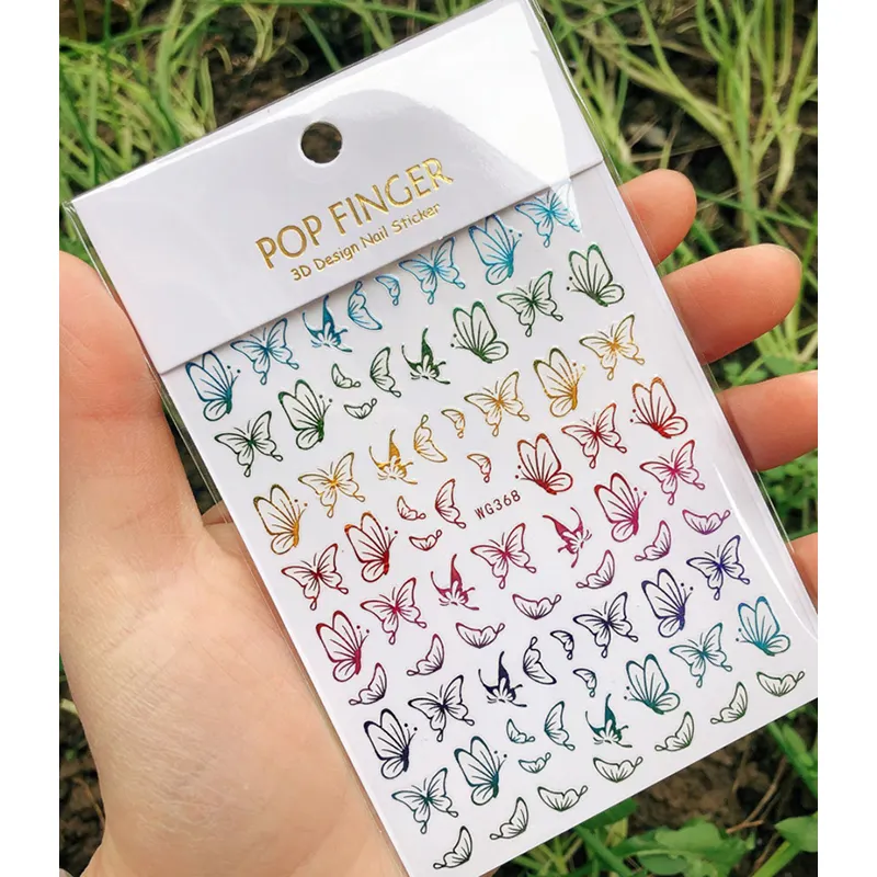 WG 3D-pegatinas de mariposa para decoración de uñas, envolturas de uñas de colores láser, calcomanías decorativas