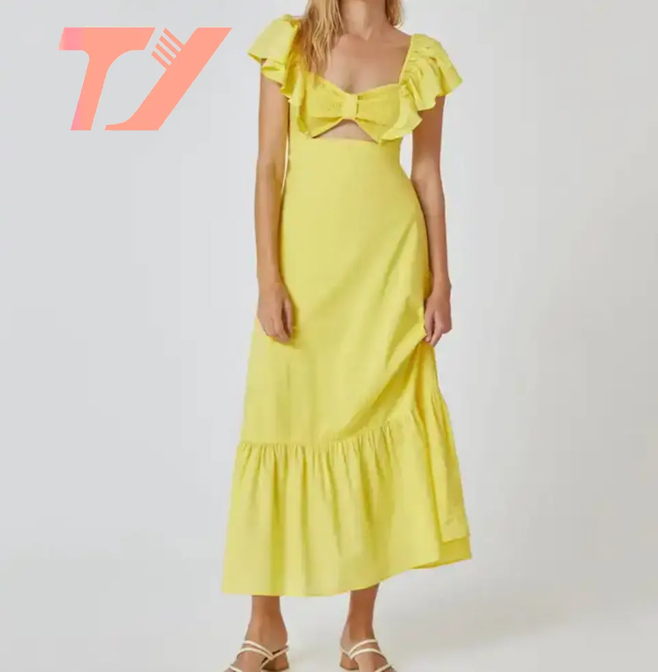 TUOYI Custom Fashion Ruffle Sleeves Girls Summer Clothing Butterfly Tops Hollow Solid Color Women's Midi Dresses