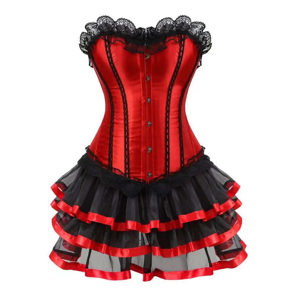 สีแดงเซ็กซี่เซ็กซี่ Overbust Corset และ Mini กระโปรงคริสต์มาสชุดชั้นในและชุดลูกไม้ขึ้น Boned เอว Cincher Bustier Plus ขนาด S-6XL