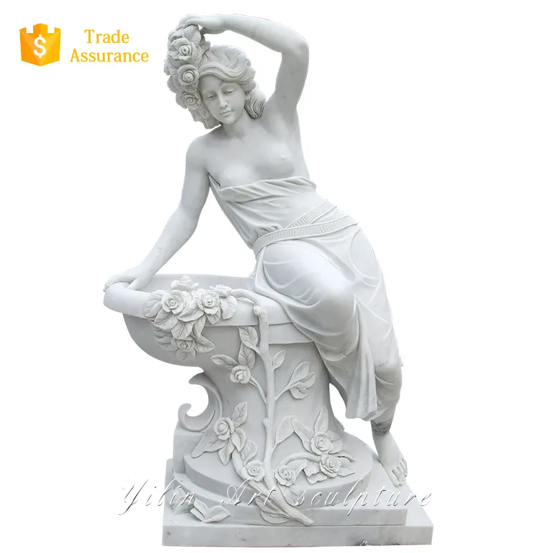 Estatua de mármol con borde de maceta para niña sentada en mármol de piedra natural a la venta