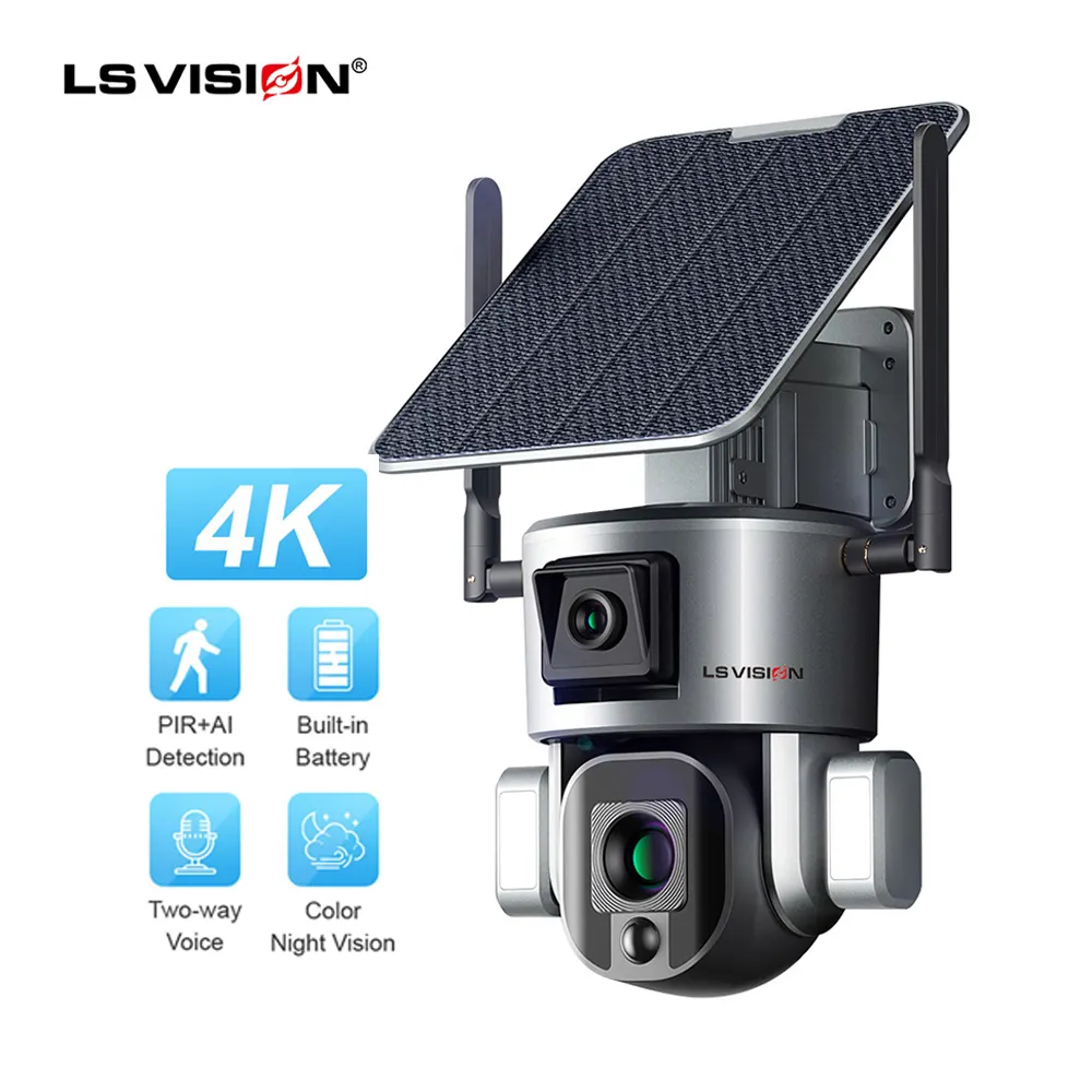 LS VISION Sim 카드 4K 10X 줌 감시 야외 보안 카메라 알람 연결 듀얼 렌즈 CCTV 4g 태양 PTZ 카메라
