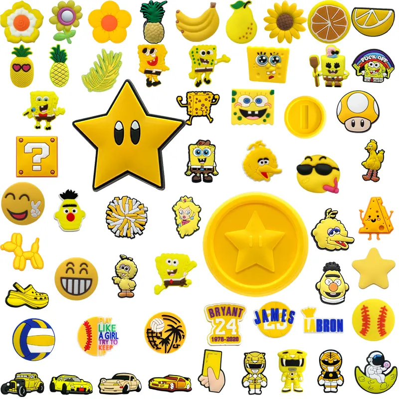 Vários temas decorações acessórios personagem de desenho animado amarelo moda em massa designer atacado sapatos encantos