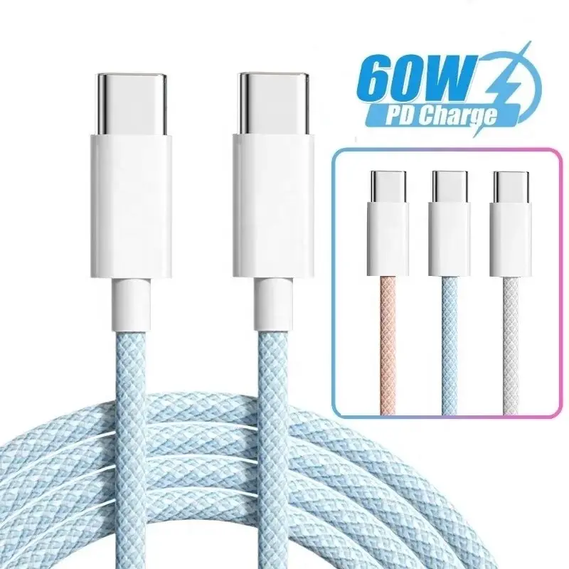 1m 2m 60W Nylon Braided USB C to USB C Charging Data Cable Blue Pink Grey Type C Charger for iPhone 15 and Android Phones