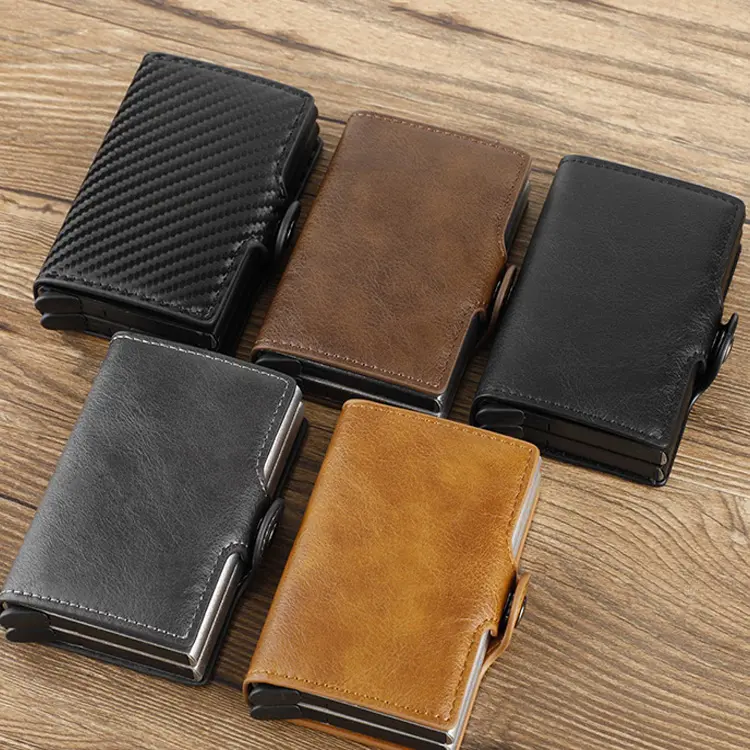 Pop Up Wallet Double Boxs Card Holder High Quality Smart Metal Aluminium Anti-theft Pu Leather RFID Credit Card Holder Wallet