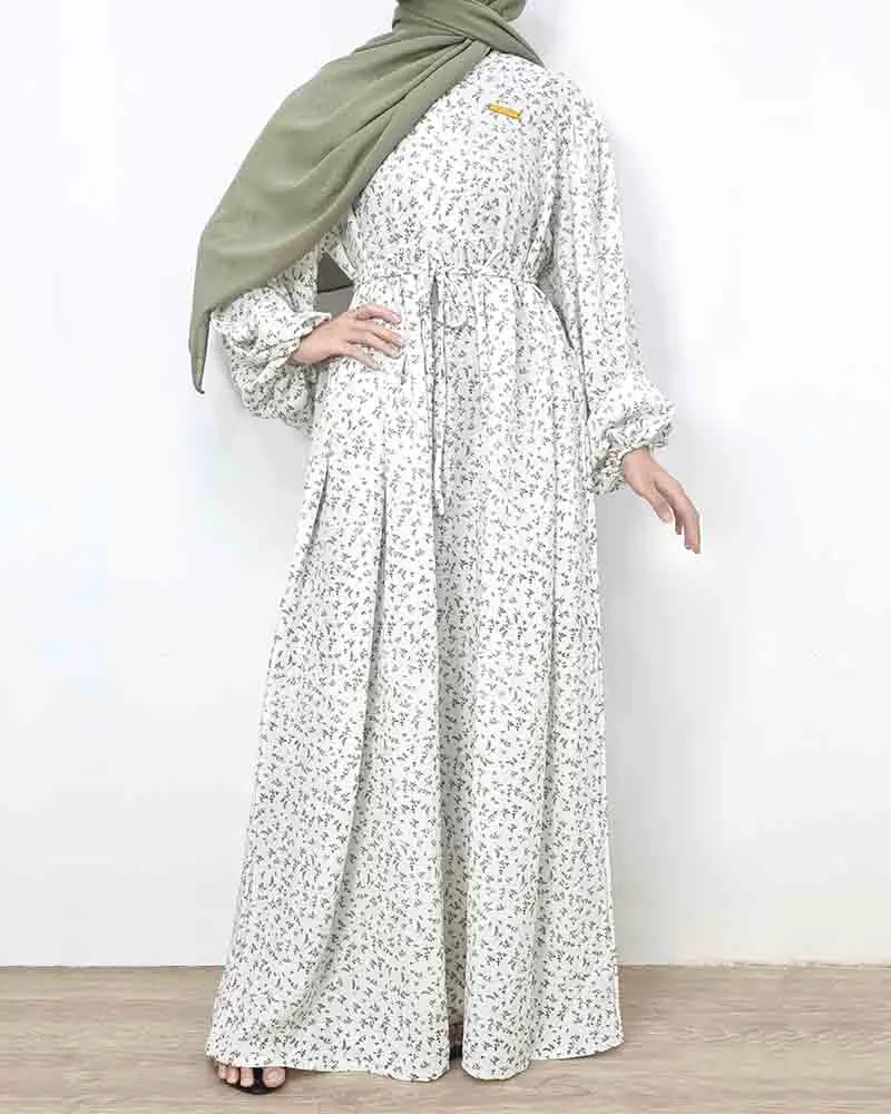 2023 New Design Printed Modest Dress Long Sleeve Maxi Dress Casual Women Muslim White Abaya Dresses