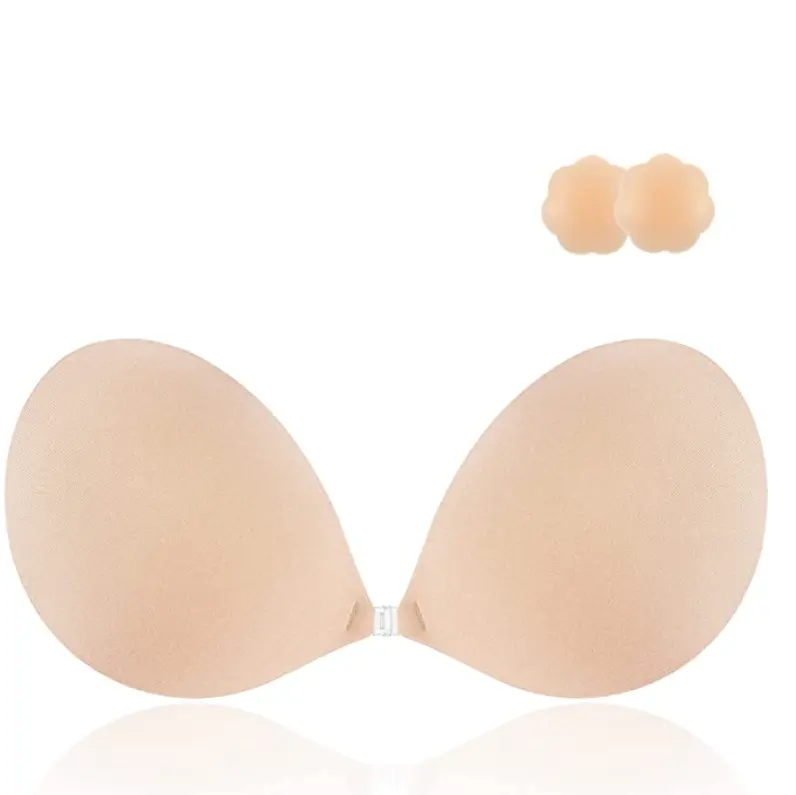 OUCHENG Adhesive Bra Strapless Sticky Invisible Push up Silicone Bra for Backless Dress with Nipple Covers Nude