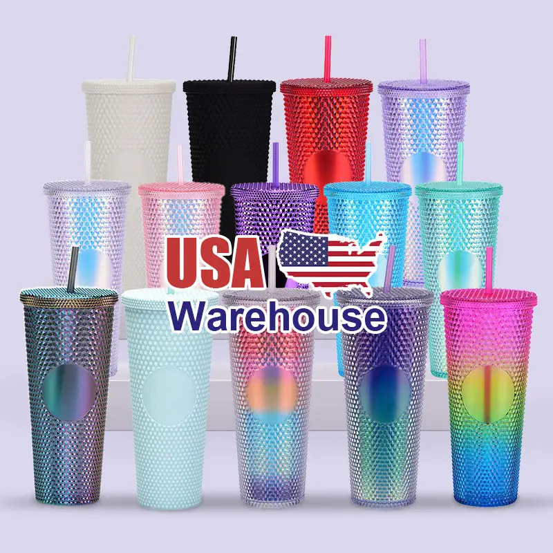 Vaso de plástico acrílico de doble pared reutilizable, taza de piña fría mate con tachuelas, con tapas y pajitas, almacén de EE. UU., 24 oz