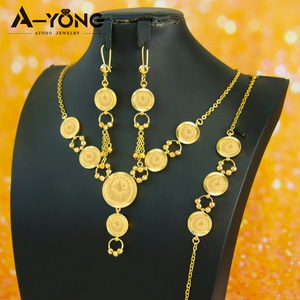 Set di gioielli in oro 21k di lusso in stile arabico classico Set di collana da donna moneta turca di alta qualità per la festa di nozze - Product Image 1