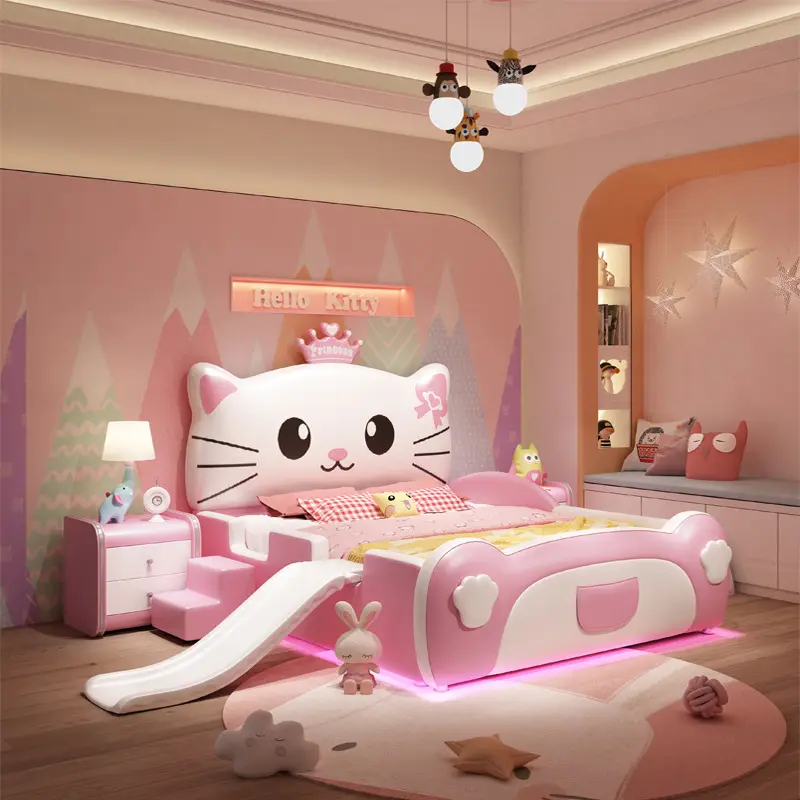 Cama de bebê com slide, conjunto de camas de casal para crianças e meninas, cama de bebê de madeira moderna, tamanho king size personalizada por atacado