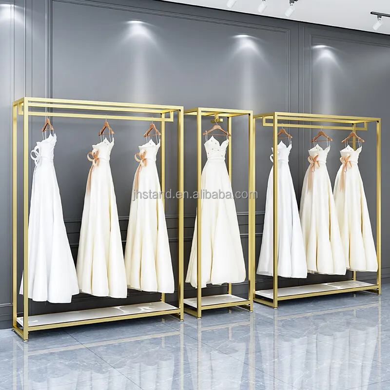 Negozio da sposa Interior Design Shinny Oro Visualizzazione Vestiti Vestito Da Cerimonia Nuziale Del Basamento Display Rack Abito Da Sposa Display Vetrina