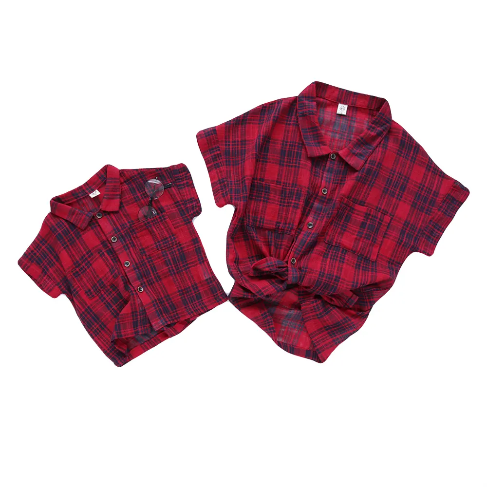 Camisa xadrez infantil de algodão, blusa mâe e filha que combinam, roupas, mãe e filha, manga curta, camisas casuais