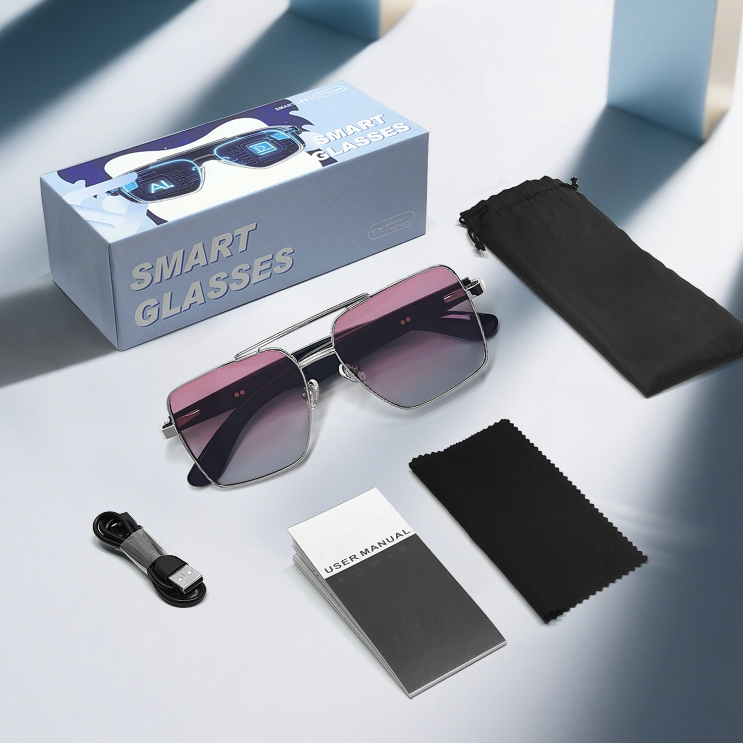 silver-rimmed purple-color lenses