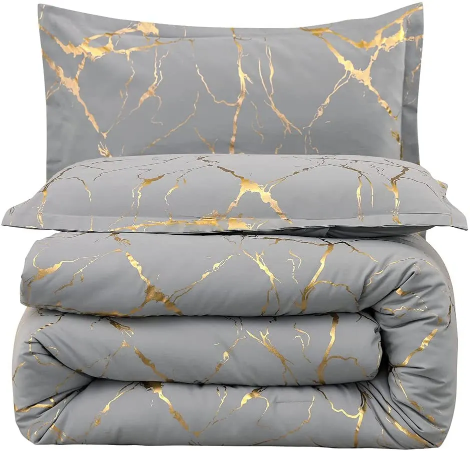 Set selimut Quilt gaya foil metalik emas, campuran tekstur marmer ramah lingkungan serat mikro murah mode baru