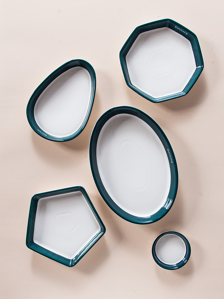 Nordic Ceramic Dinnerware Set with Dark Green Edge,pentagon plate special-shaped dinner set tableware set,plate bowl bakeware