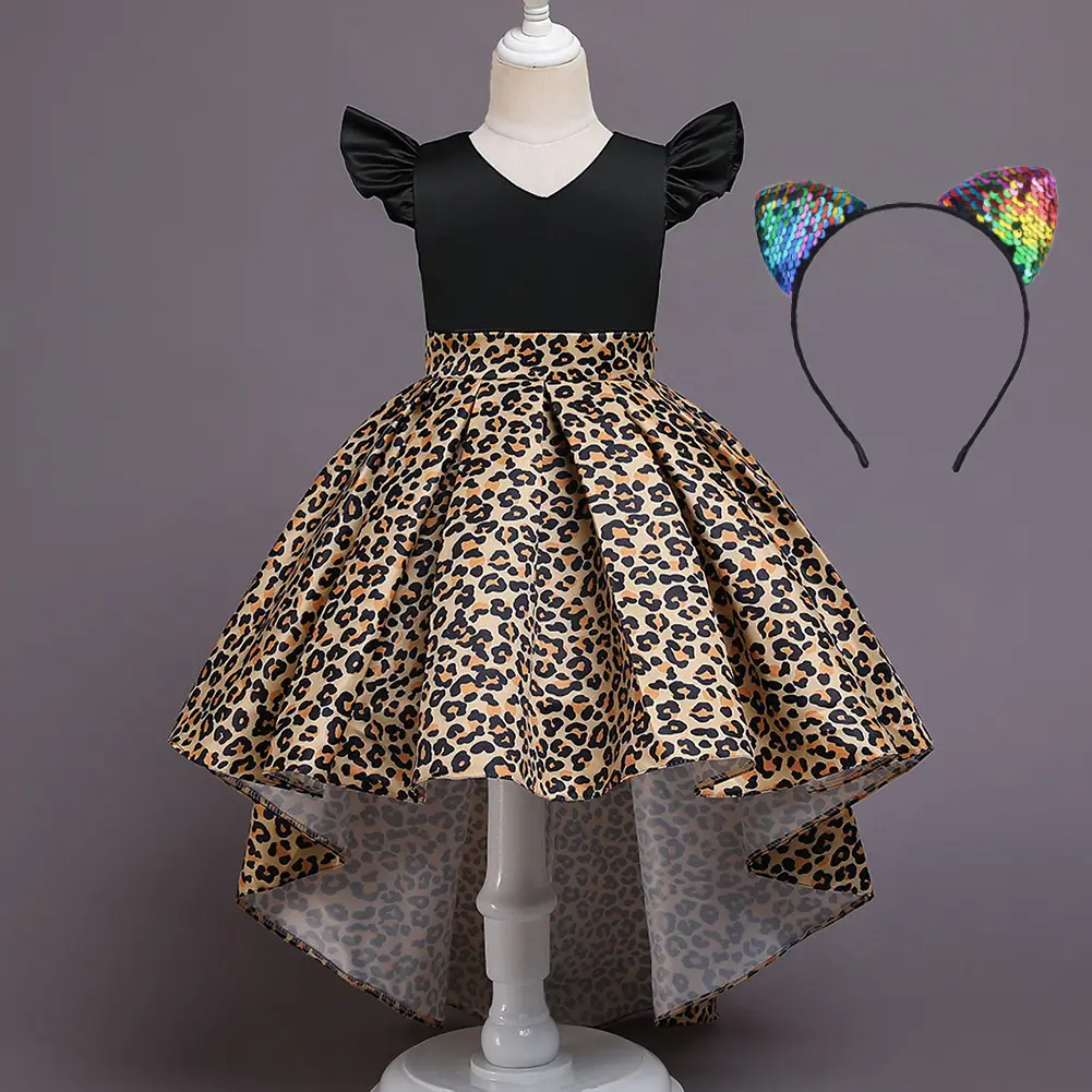 Vestido de princesa con estampado de leopardo y cuello en V para niñas, disfraz de Halloween, estilo INS