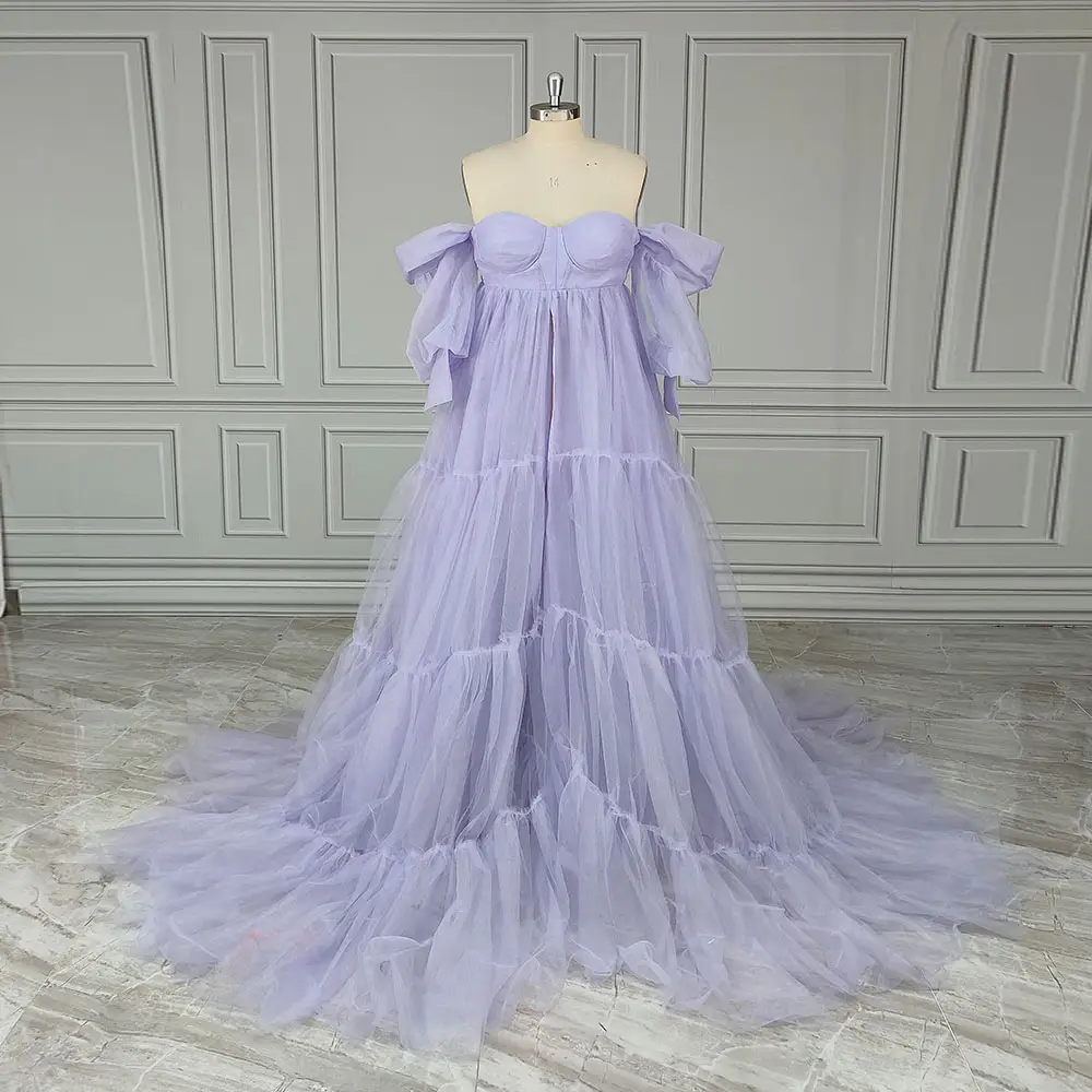 Haute qualité violet Tulle a-ligne photographie robes de maternité Robe de grossesse bébé douche Robe de bal pour les femmes Maxi Robe personnalisée