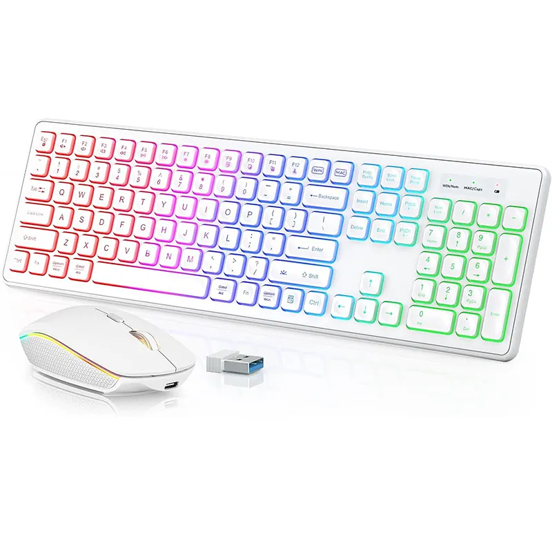 คีย์บอร์ดไร้สายและเมาส์ Combo RGB Backlit แบบชาร์จไฟได้ Light Up ตัวอักษรขนาดเต็มโหมดการนอนหลับตามหลักสรีรศาสตร์ชุดคีย์บอร์ด 2.4GHz