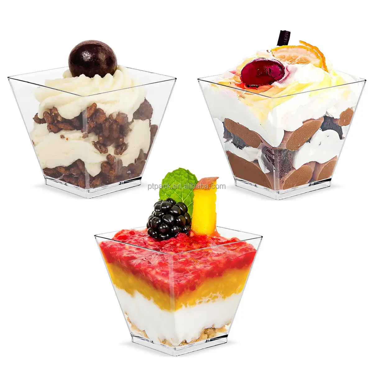 PTPACK 50 Pack 60 Pack 5 Oz Square Clear Plastic Dessert Cups Disposable Mousse Pudding Small Clear Plastic Cups With Lid Spoon