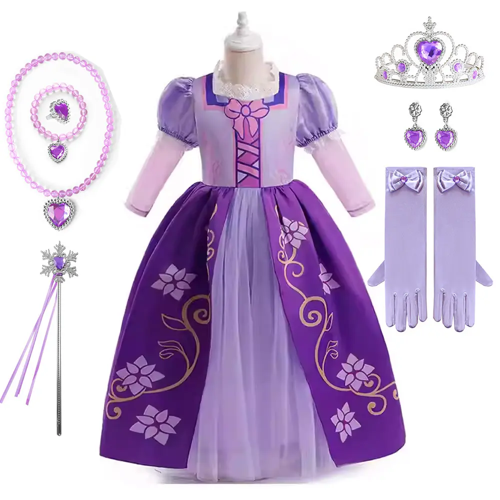 Bambina principessa Rapunzel Costume mezza manica a sbuffo vestito per bambina Cosplay abiti da festa di Halloween