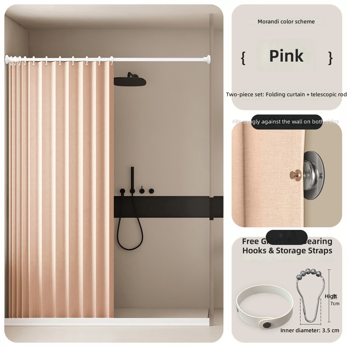 Rideau de douche pliant - Rose (avec tringle de tension incluse)