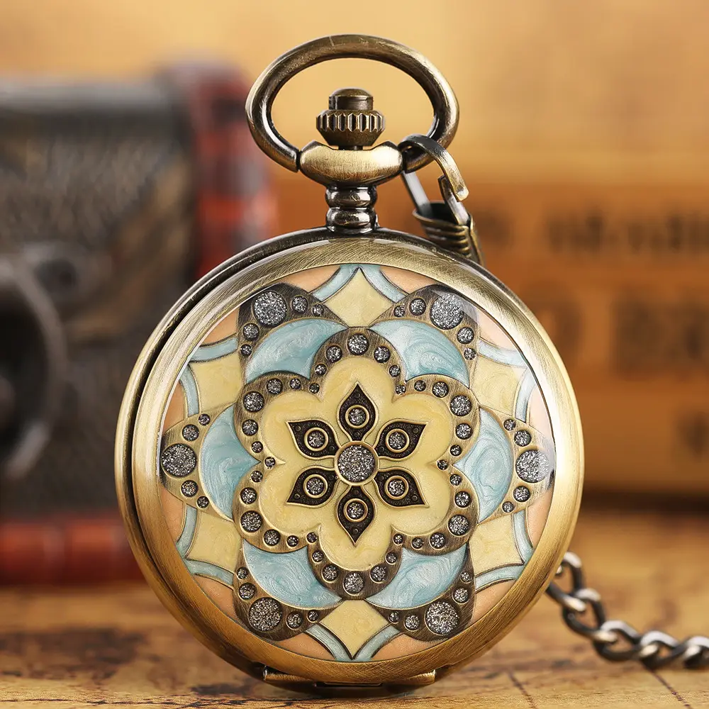 Reloj de bolsillo mecánico Vintage, elegante, con diseño de flor epoxi, de bronce