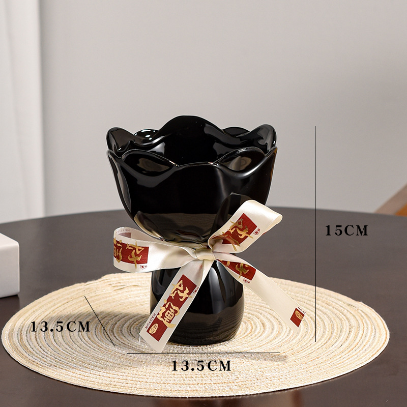 Obsidian black small vase presented with ribbon