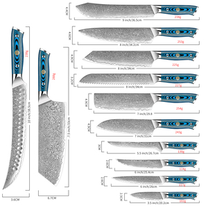 Juego de cuchillos de Chef de cocina profesional, hojas de acero de Damasco con estampado de gota de lluvia de caballo azul con mango de madera Pakka para cocinar - Product Image 2